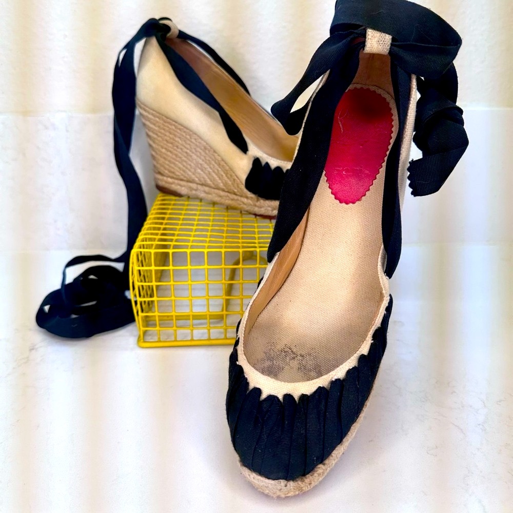 Christian Louboutin Black Satin Ankle Tie Espadrille Wedges - Size 38.5